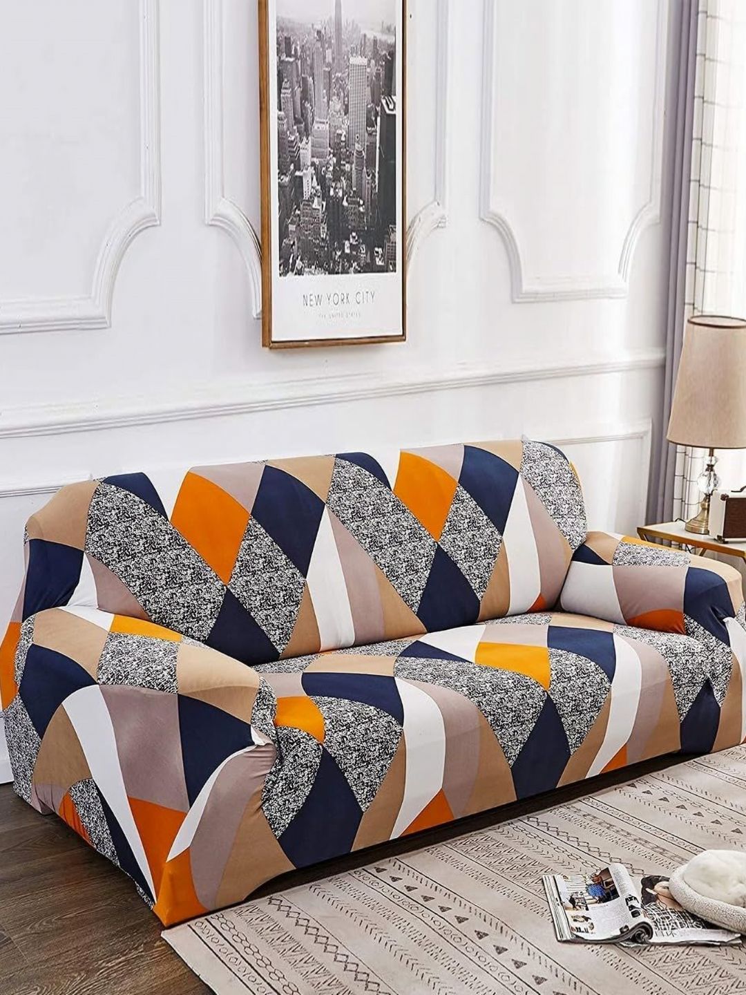 Aura Blue & Beige Printed Polyester 1 Piece Sofa Cover With Arms-picture-36