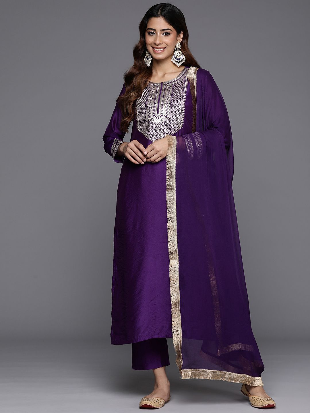 all about you Yoke Design Thread Work Chanderi Silk Straight Kurta With Trousers & Dupatta