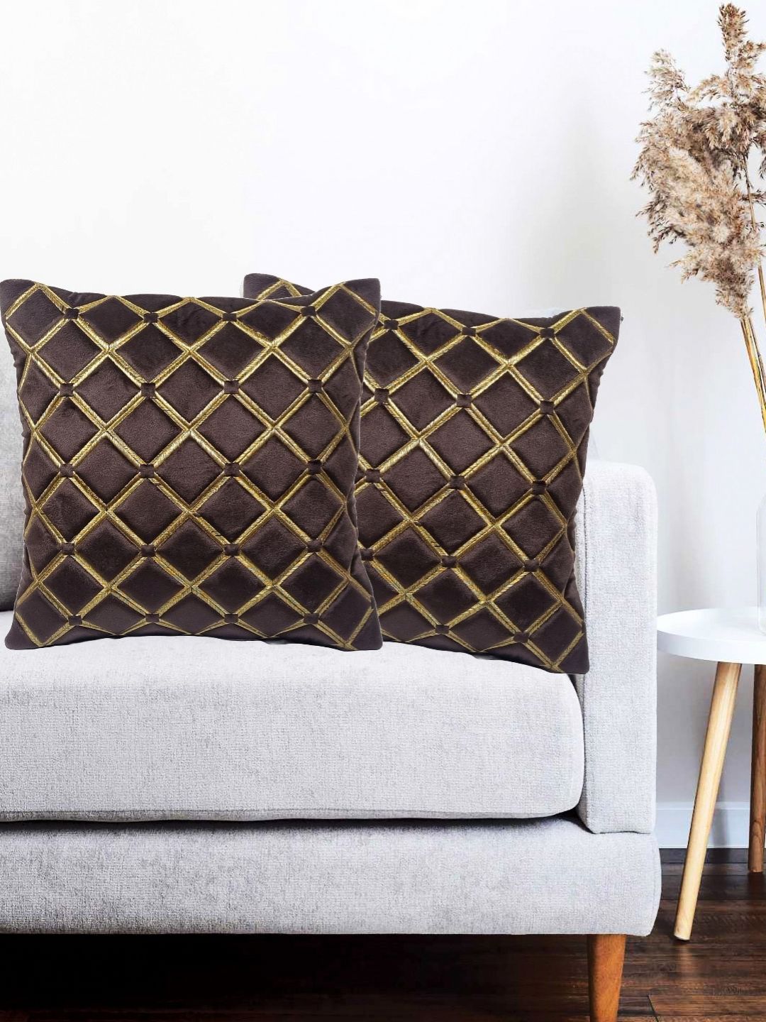 Vinayaka Fab Brown Set of 2 Embroidered Velvet Square Cushion Covers-picture-26