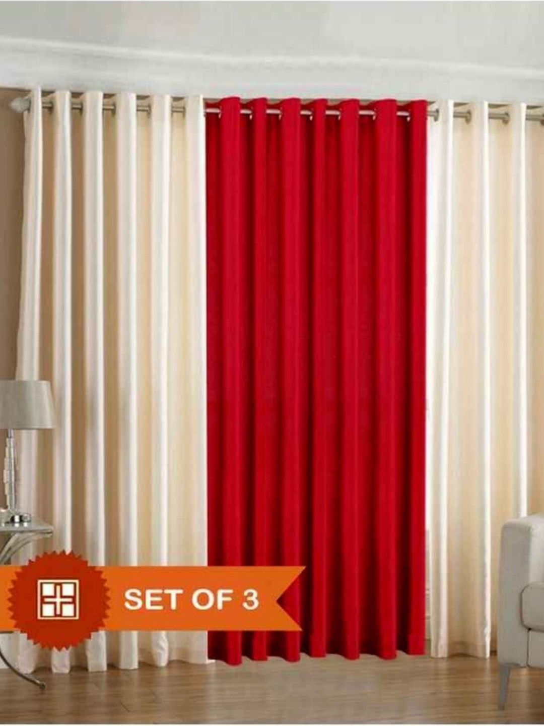 BELLA TRUE Cream & Red 3 Pieces Ripple Fold Long Door Curtain-picture-24
