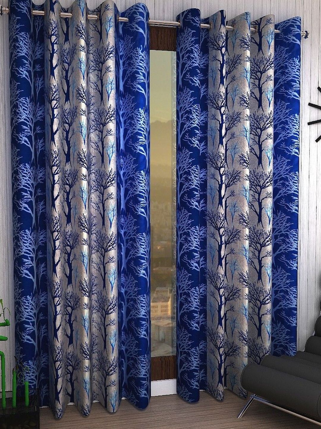 BELLA TRUE Blue & Grey 2 Pieces Printed Black Out Long Door Curtains-picture-17