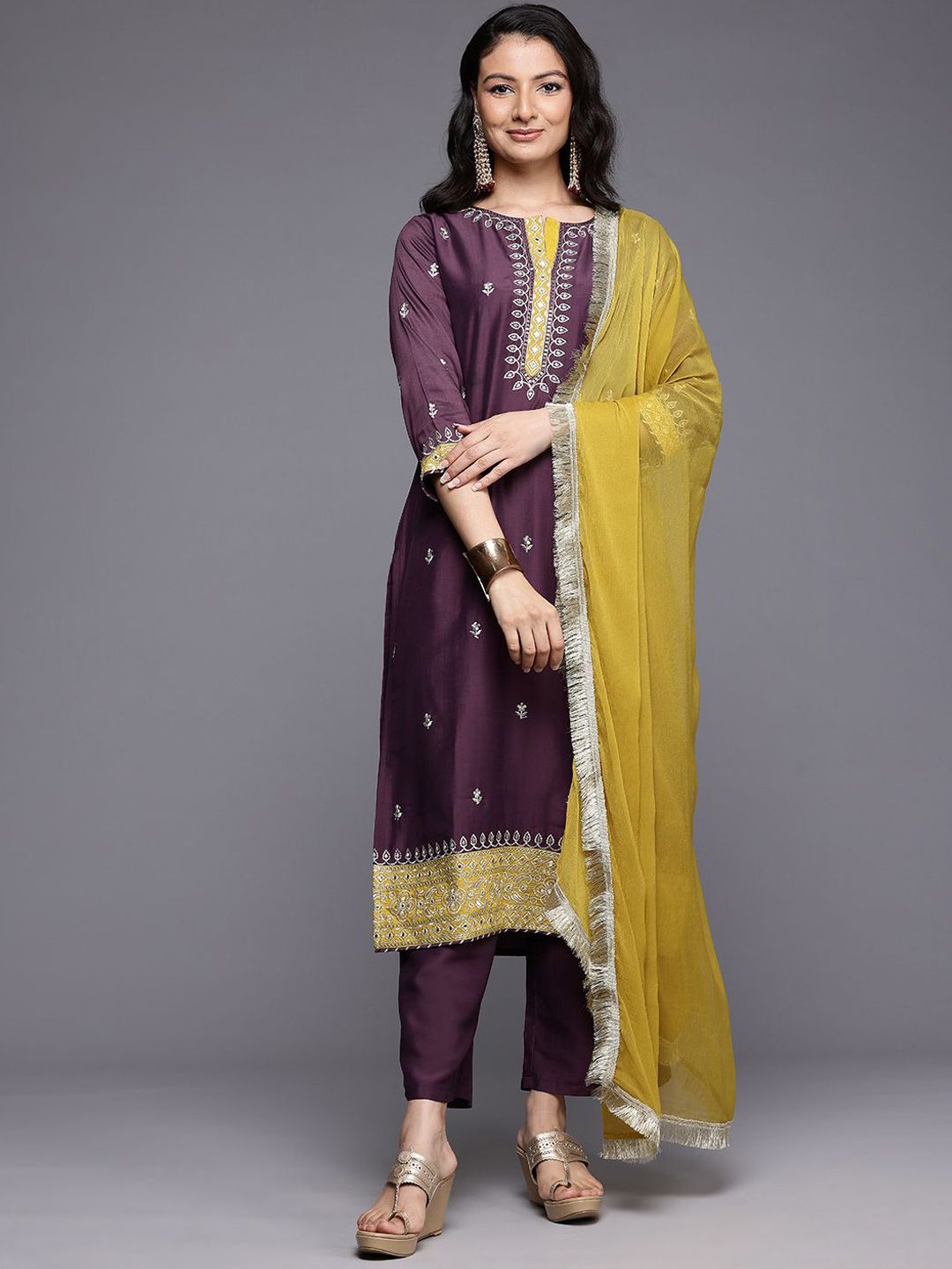 all about you Floral Embroidered Thread Work Straight Kurta With Trousers & Dupatta