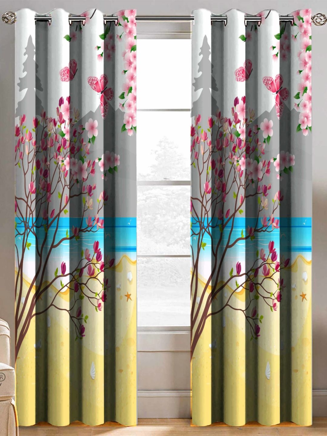 BELLA TRUE White & Yellow 2 Pieces Floral Printed Ripple Fold Door Curtains-picture-32