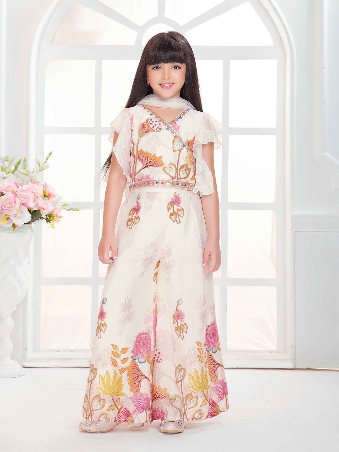 Tiny Kingdom Girls Embroidered Top With Palazzos & Dupatta-picture-28