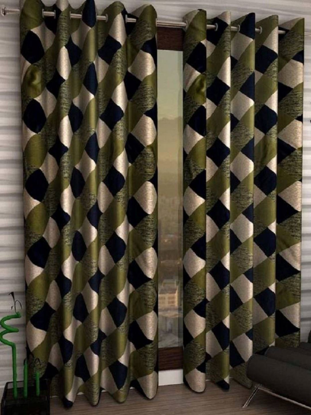 BELLA TRUE Green & Gold-Toned Geometric Printed 2 Pieces Long Door Curtain-picture-24