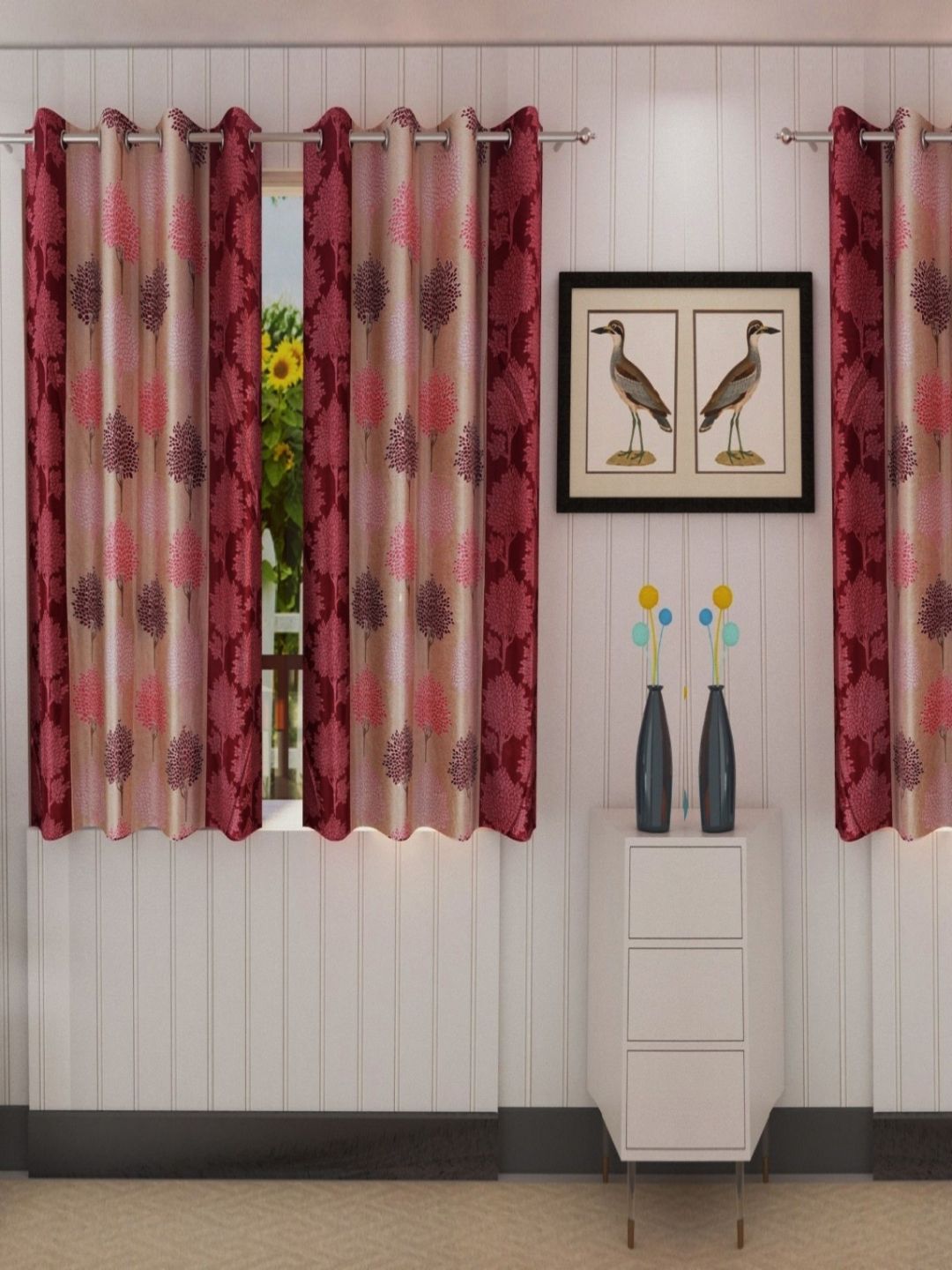 BELLA TRUE Maroon & White 4 Pieces Floral Printed Black Out Ripple Fold Window Curtains-picture-33