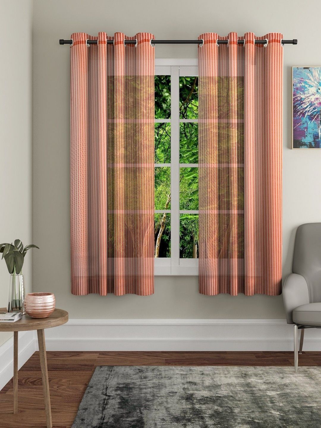 BELLA TRUE Orange 2 Pieces Geometric Printed Window Curtains-image-44