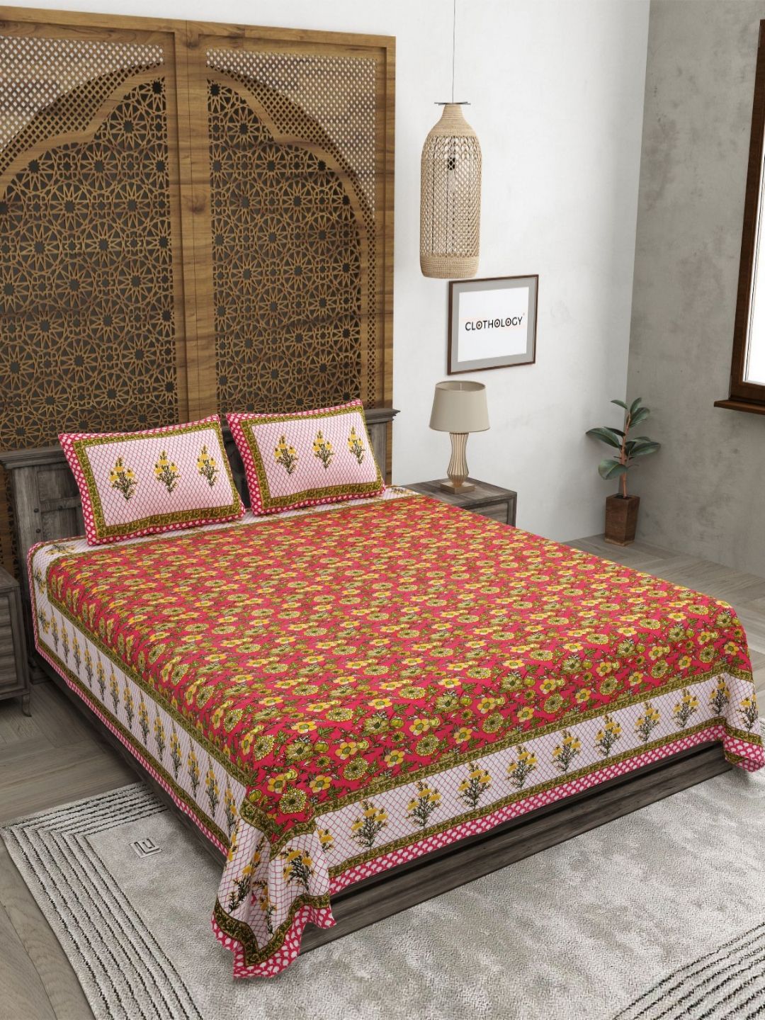 CLOTHOLOGY Red & Green Printed Pure Cotton 180 TC King Bedsheet Set 2.75 m x 2.25 m-picture-58
