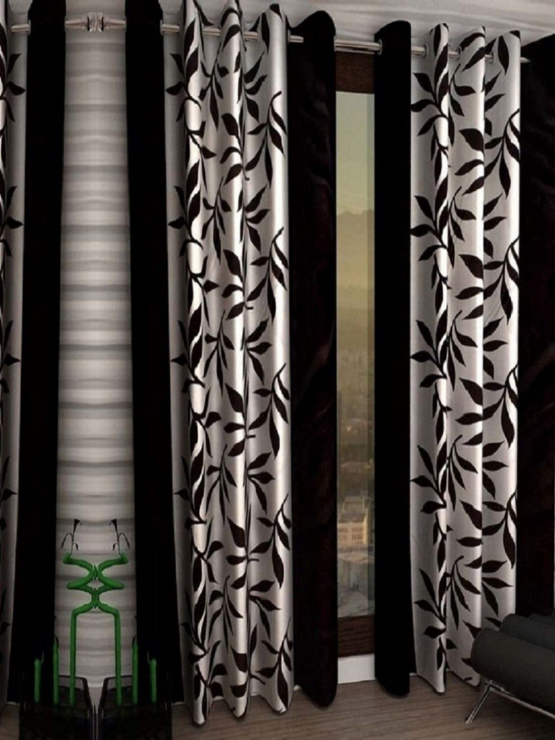BELLA TRUE Black & White 4 Pieces Floral Printed Ripple Fold Door Curtains-picture-22