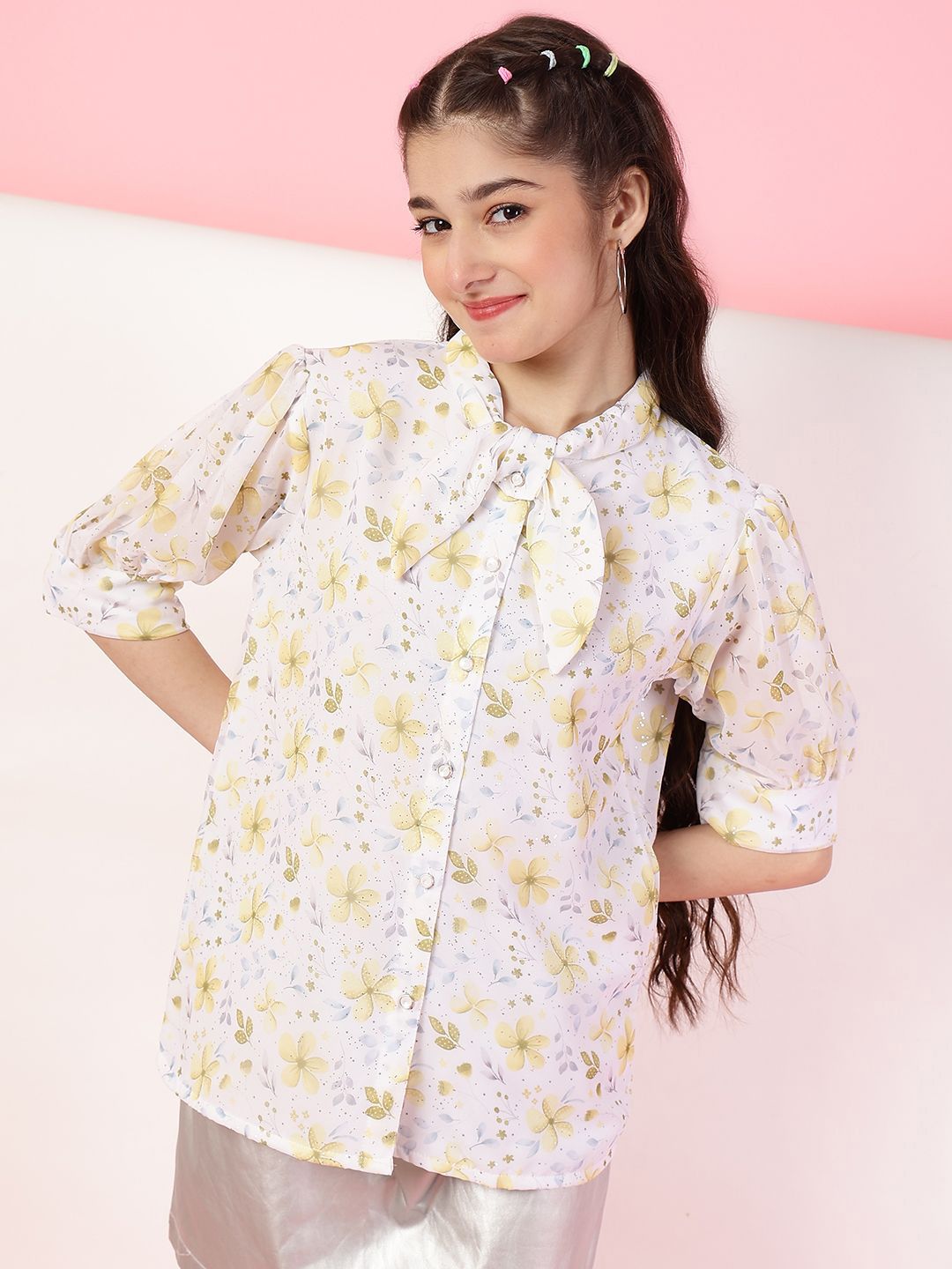Miss & Chief Miss & Chief Floral Print Tie-Up Neck Puff Sleeve Georgette Shirt Style Top
