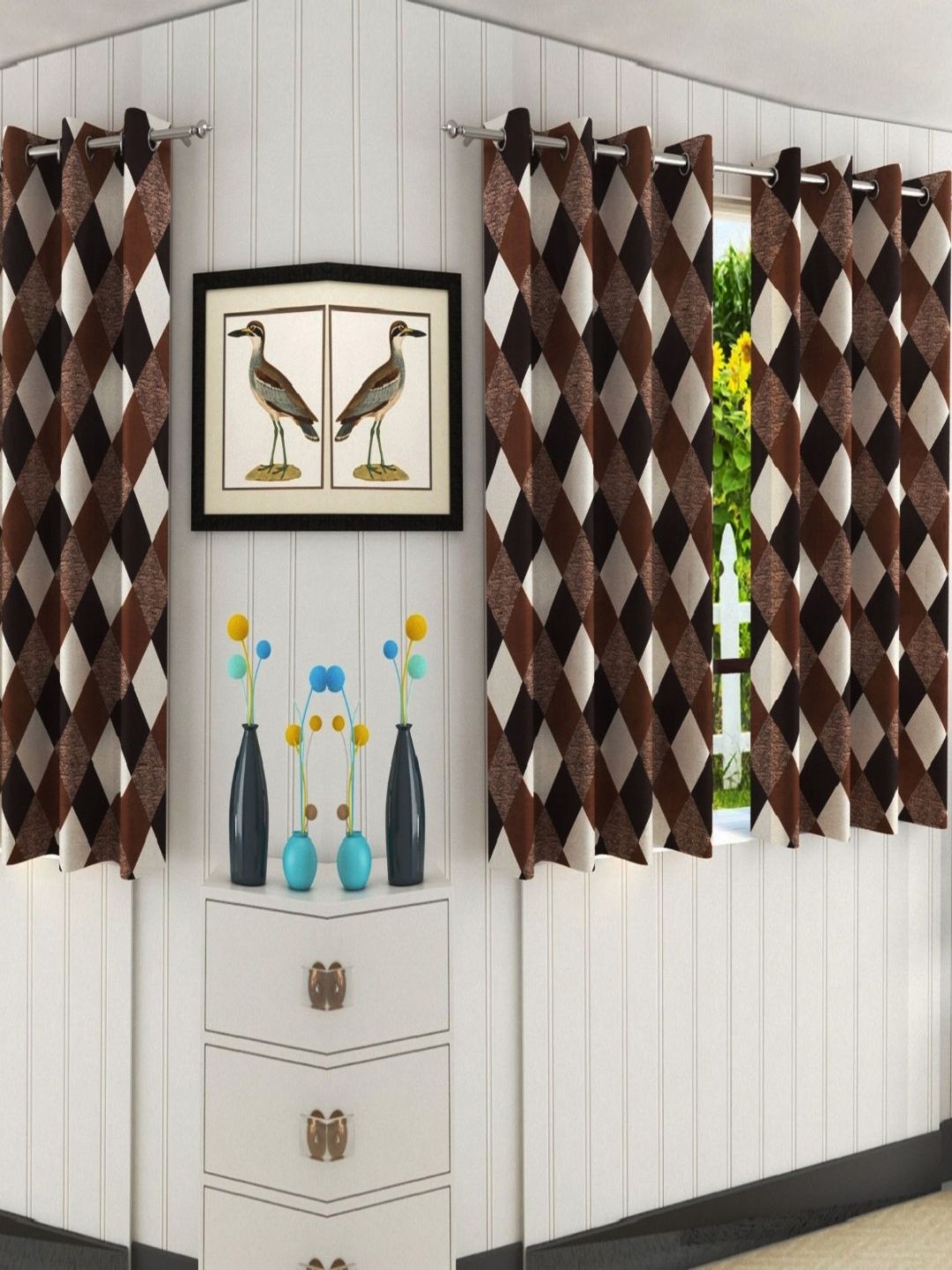 BELLA TRUE Brown & White 4 Pieces Geometric Printed Window Curtains-picture-39