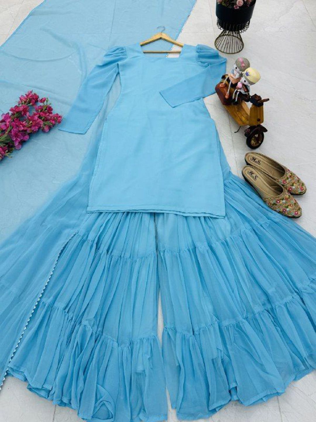 CRAFTLE V-Neck Georgette Straight Kurta With Sharara & Dupatta