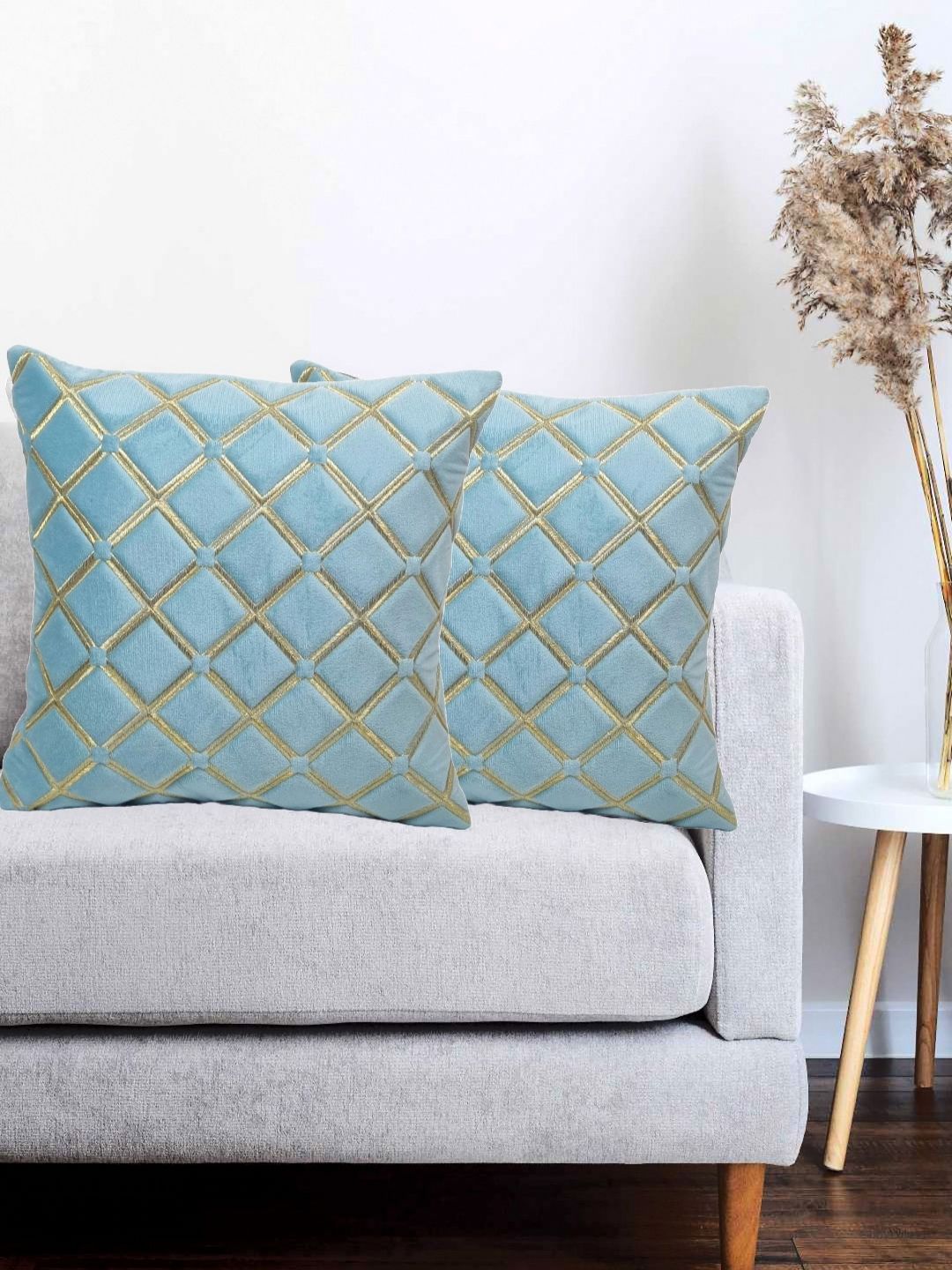 Vinayaka Fab Blue Set of 2 Embroidered Velvet Square Cushion Covers-picture-12