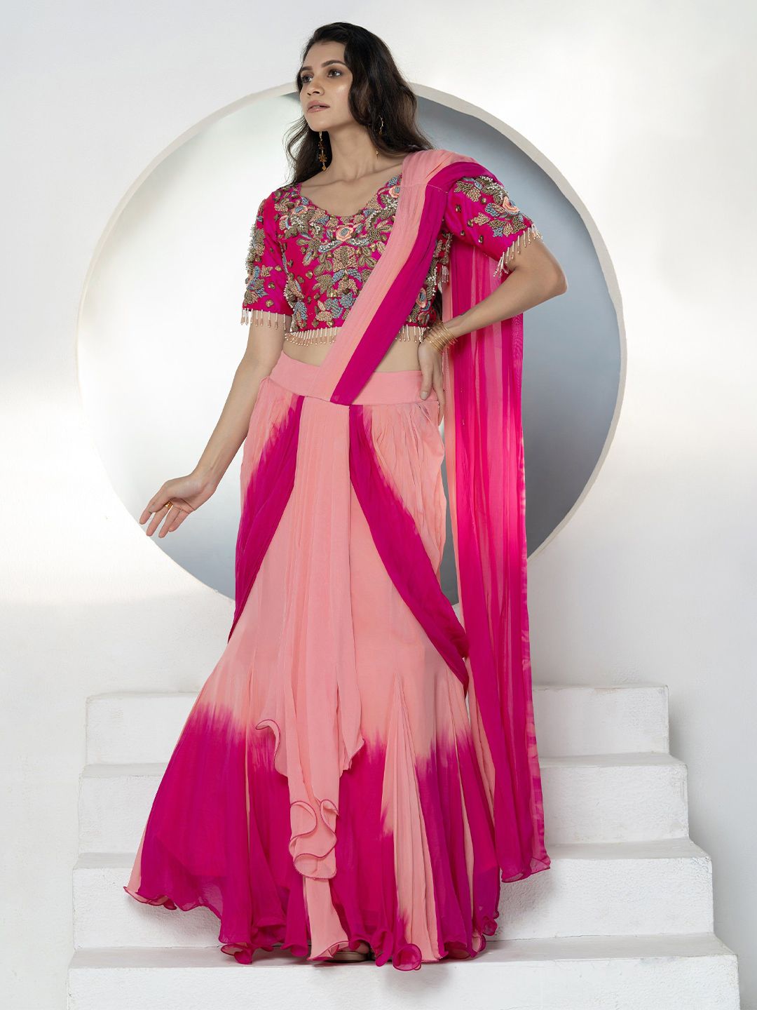 GloballyRonakRBafna Floral Embroidered Organza Ready To Wear Lehenga & Blouse With Dupatta-picture-18