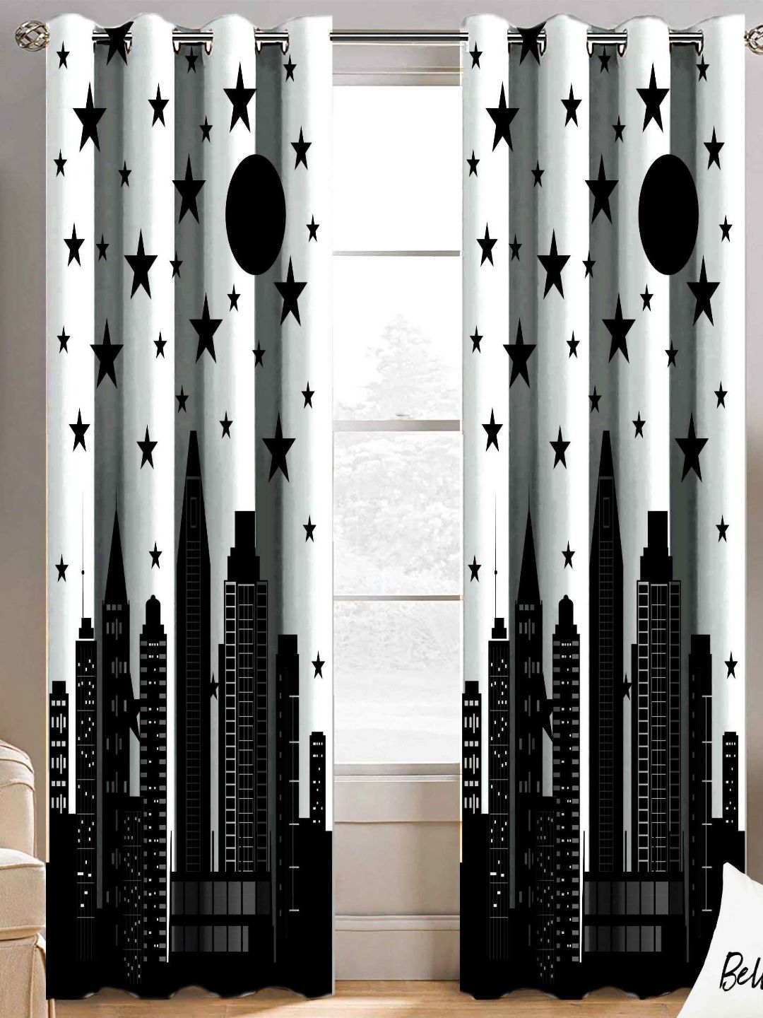 BELLA TRUE White & Black 2 Pieces Abstract Printed Black Out Long Door Curtains-picture-39