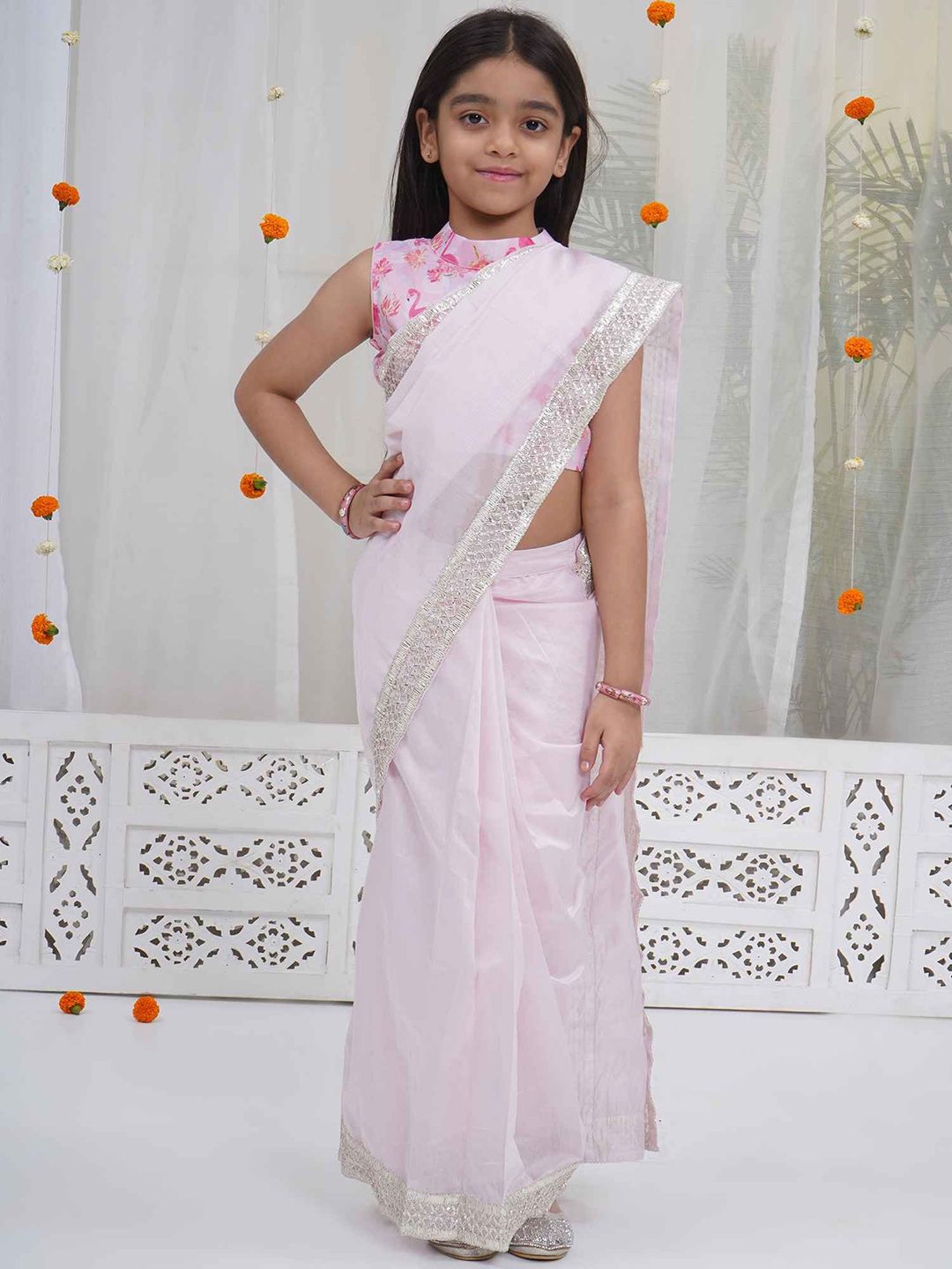 Little Bansi Girls Little Bansi Muslin Sleeveless Flamingo Blouse with Chanderi Saree-picture-19