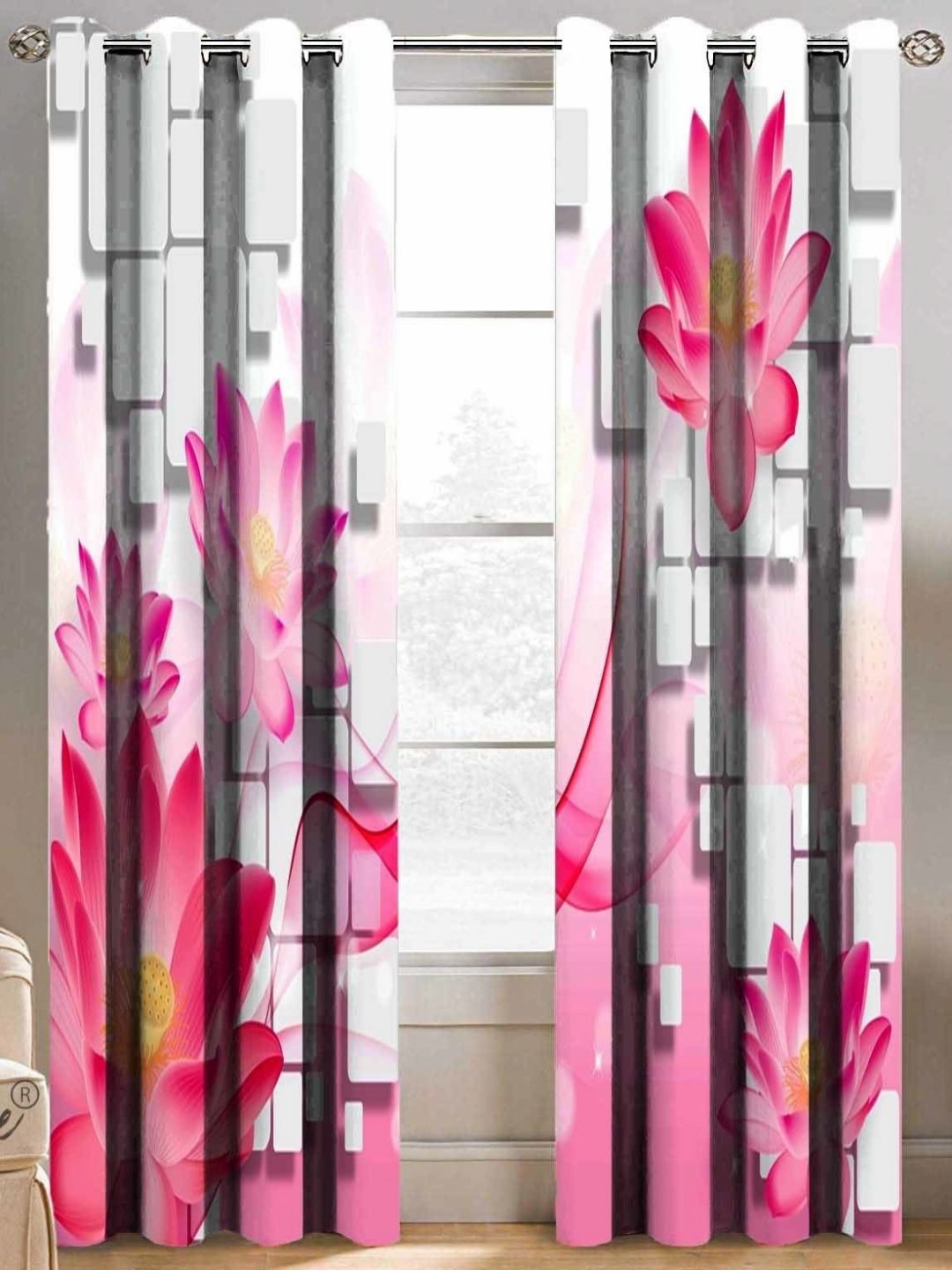 BELLA TRUE White And Pink 2 Pieces Floral Printed Window Curtains-picture-21