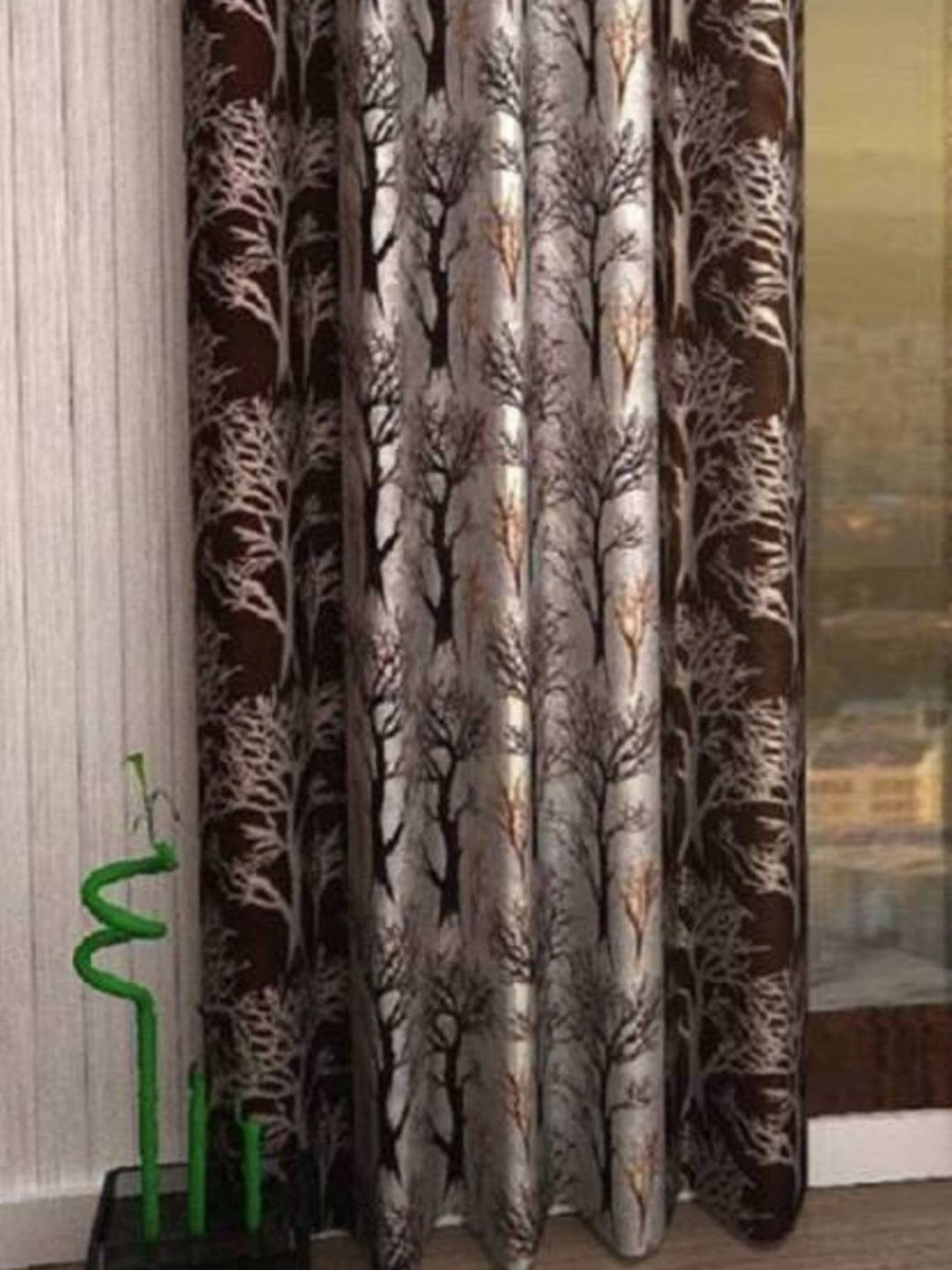 BELLA TRUE Brown & Grey Floral Printed Black Out Window Curtain-image-39