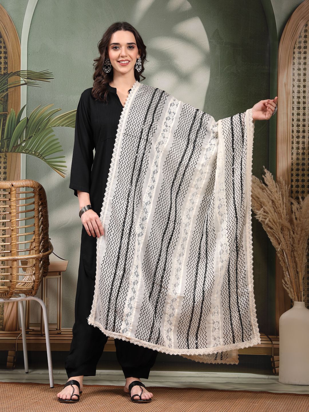Clora Creation Chevron Printed Mirror Work Pure Cotton Dupatta-picture-31