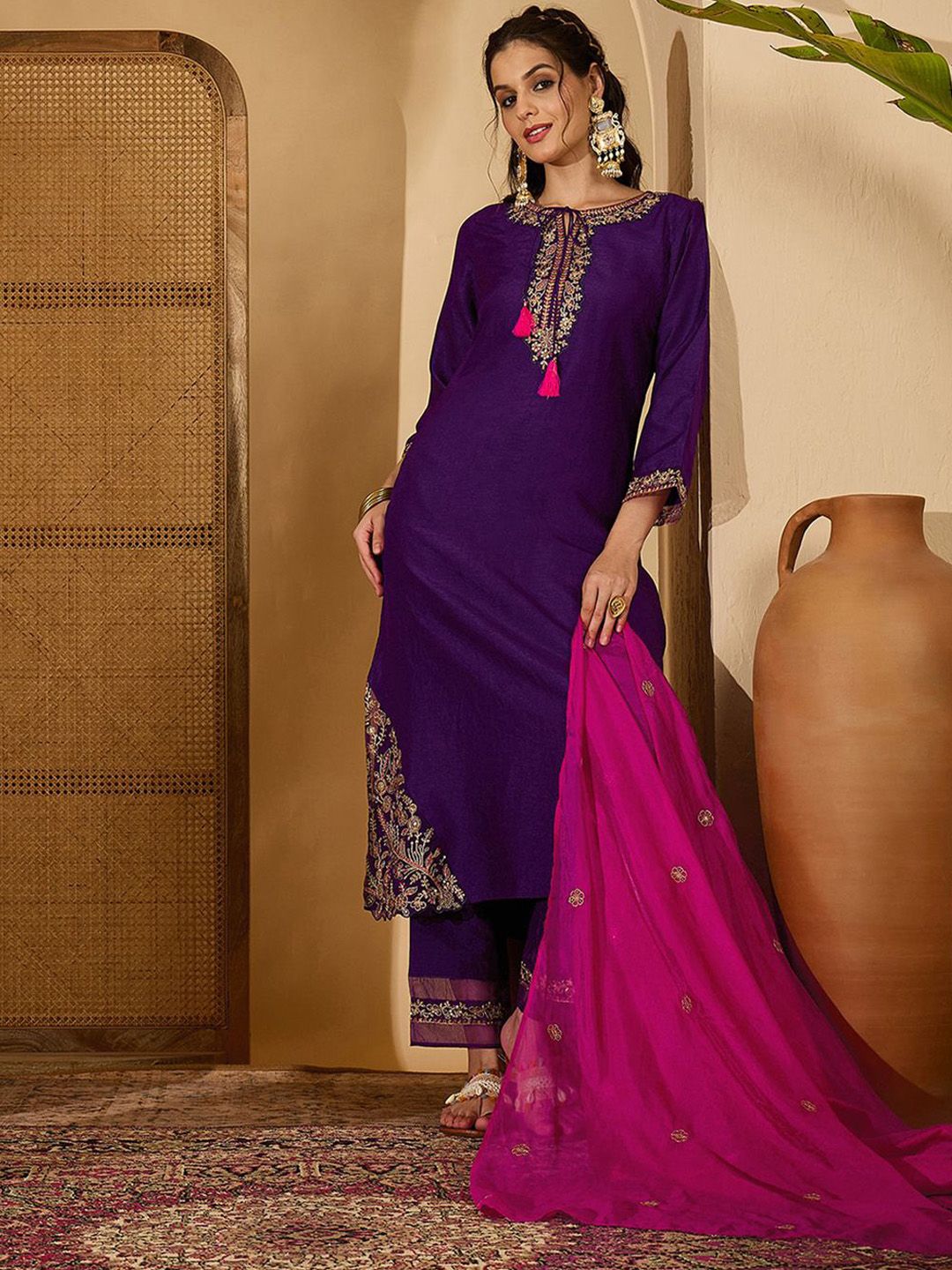 Sangria Floral Yoke Design Tie-Up Neck Thread Work Silk Kurta With Trouser And Dupatta
