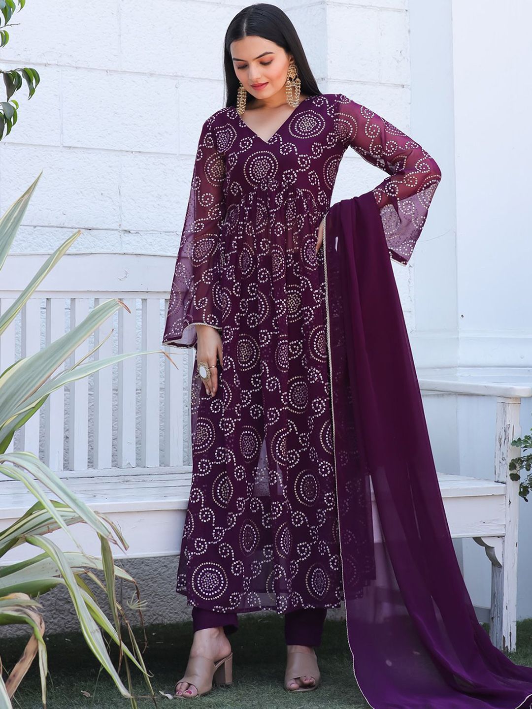 TextileNow Bandhani Printed Georgette V-Neck Empire Kurta With Trousers & Dupatta