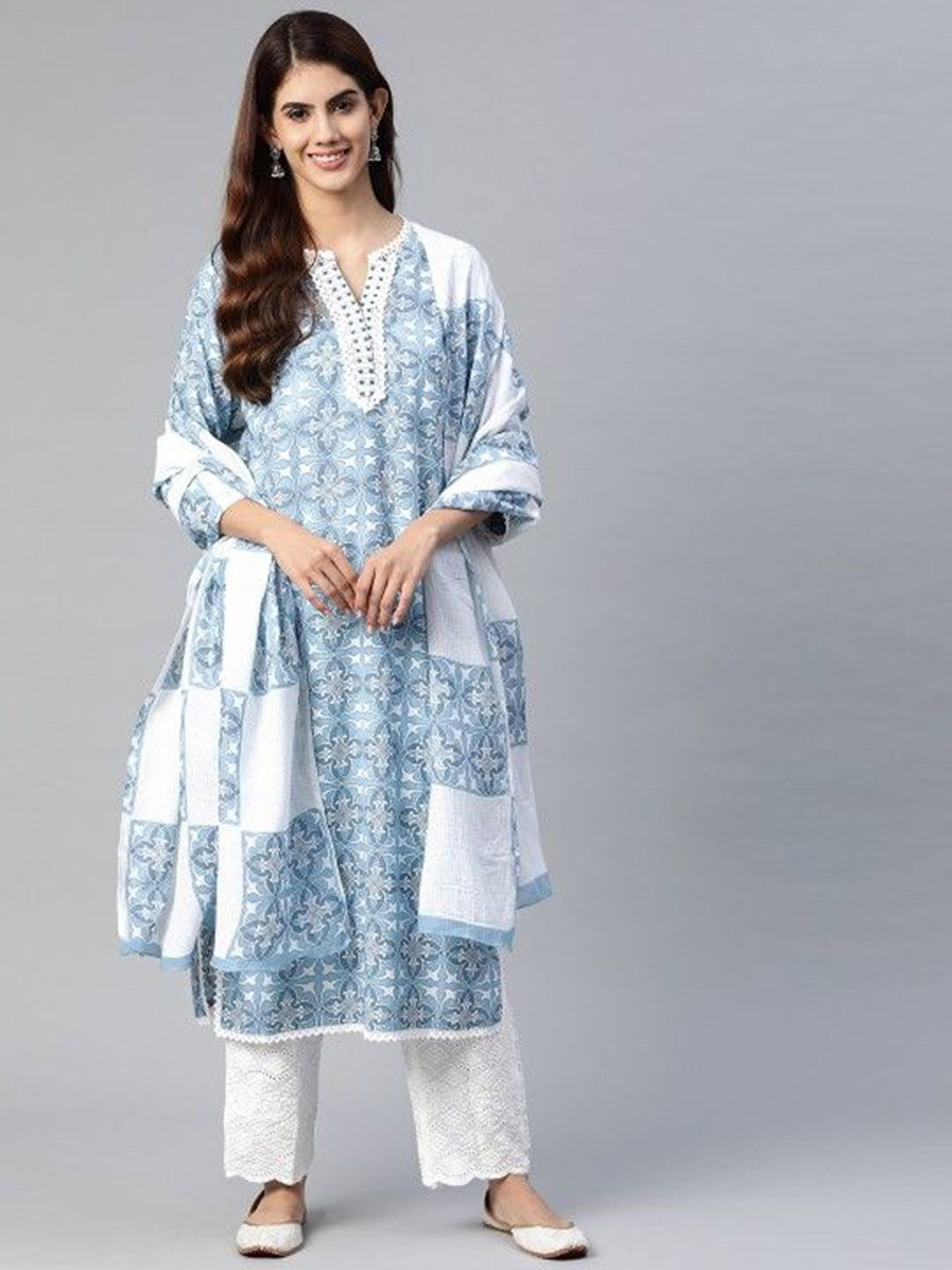 Madhuni Floral Printed Mandarin Collar Pure Cotton Kurta With Trousers & With Dupatta