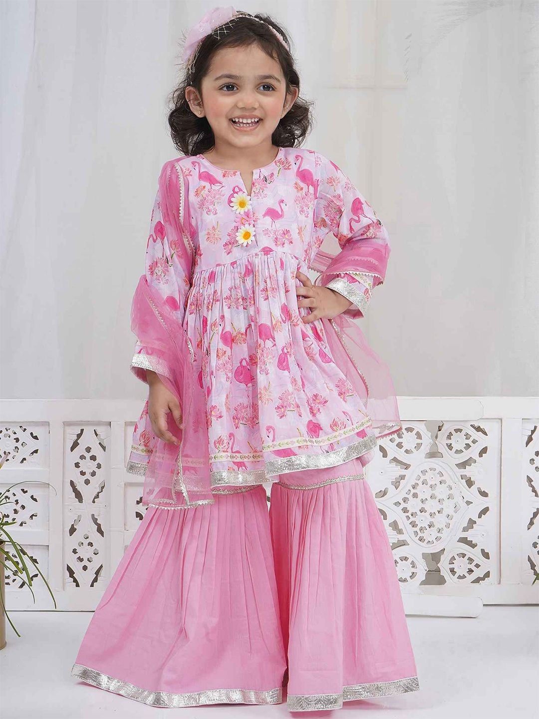 Little Bansi Girls Floral Printed Cotton A-Line Kurta with Sharara & Dupatta-picture-56