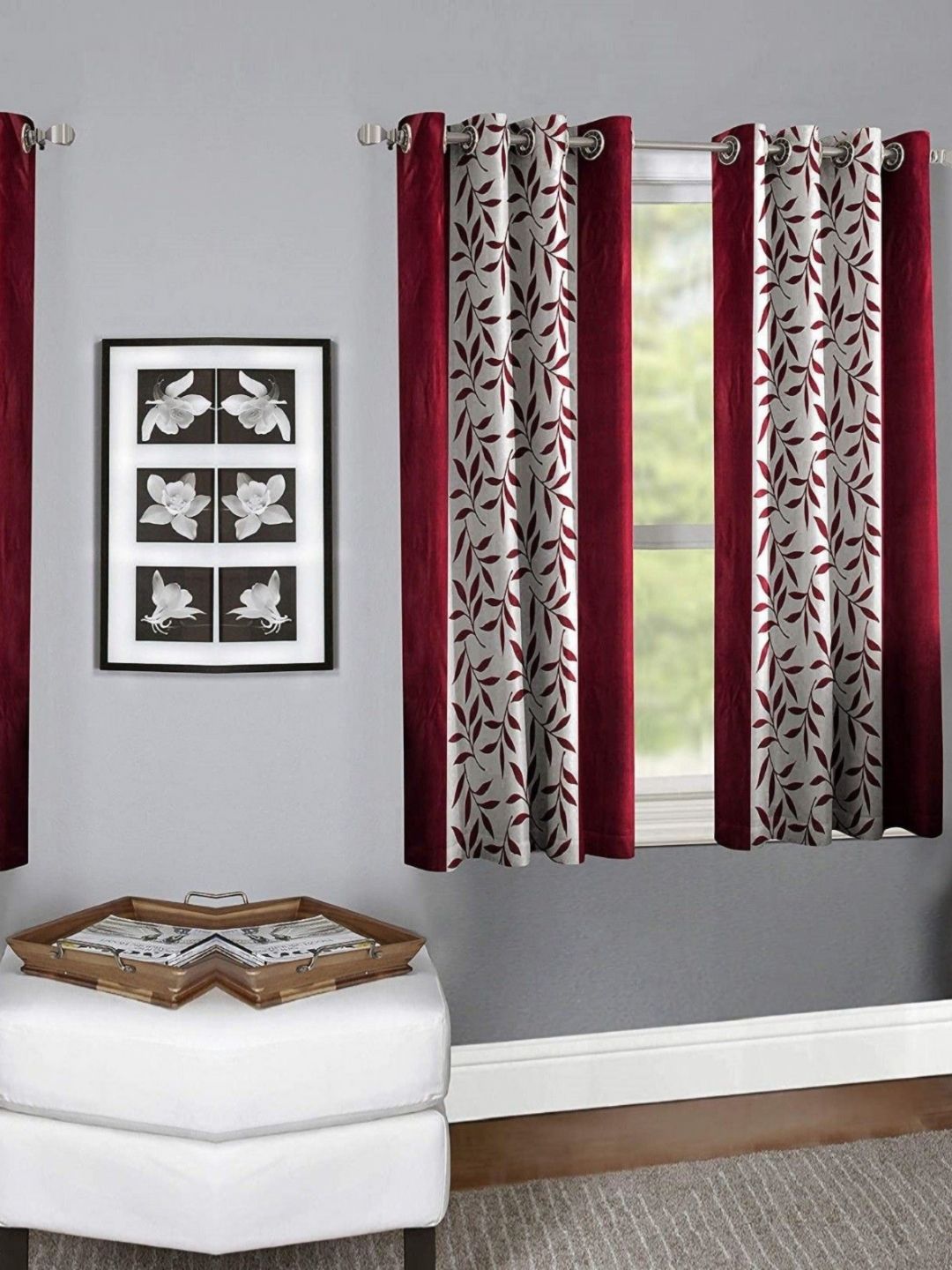 BELLA TRUE Maroon & white 4 Pieces Floral Printed Ripple Fold Window Curtains-picture-40