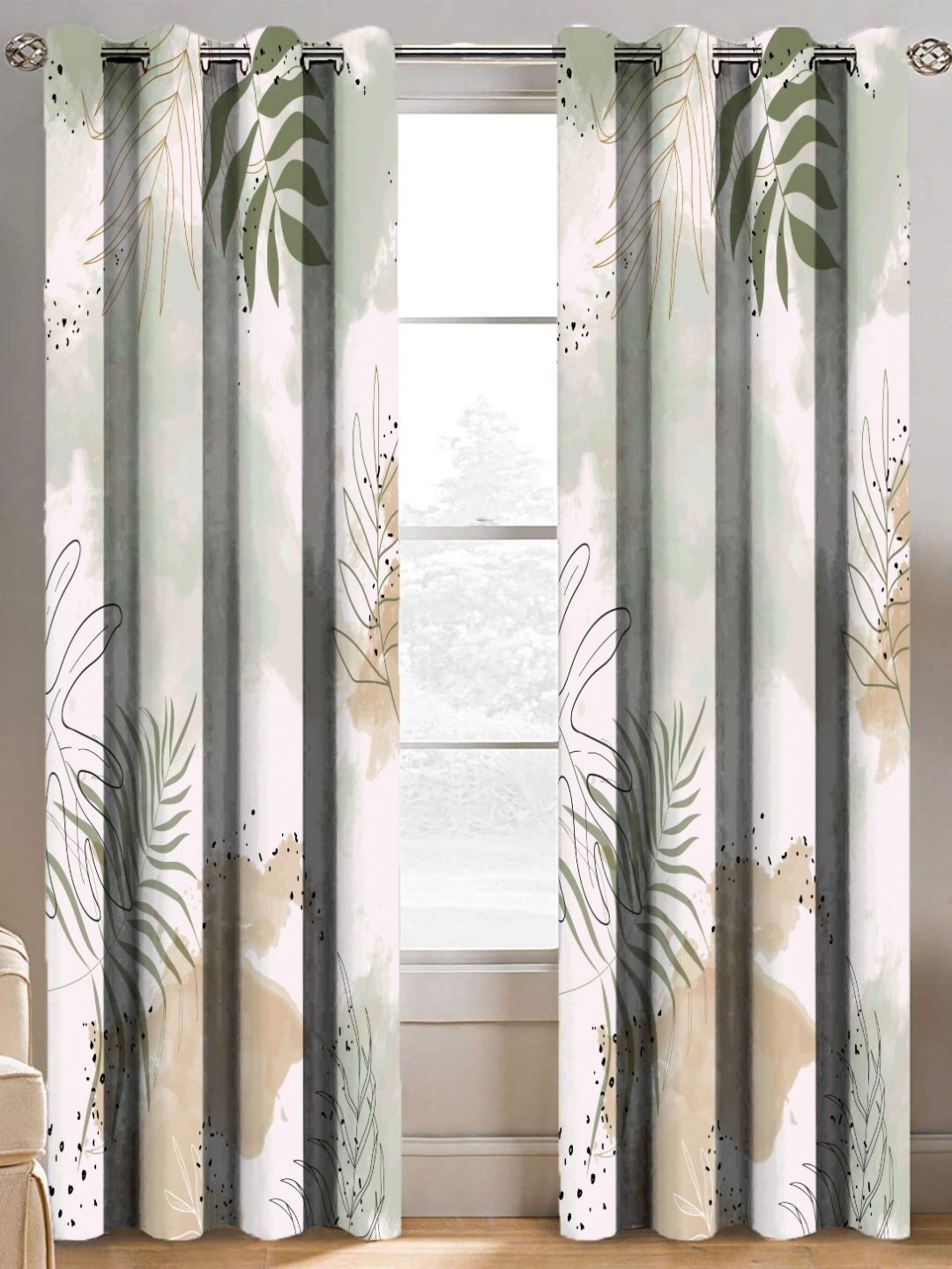 BELLA TRUE White & Green 2 Pieces Floral Black Out Long Door Curtains-image-34