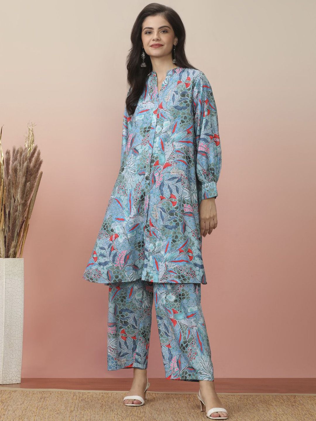 all about you Floral Printed Mandarin Collar A-Line Kurta With Trouser