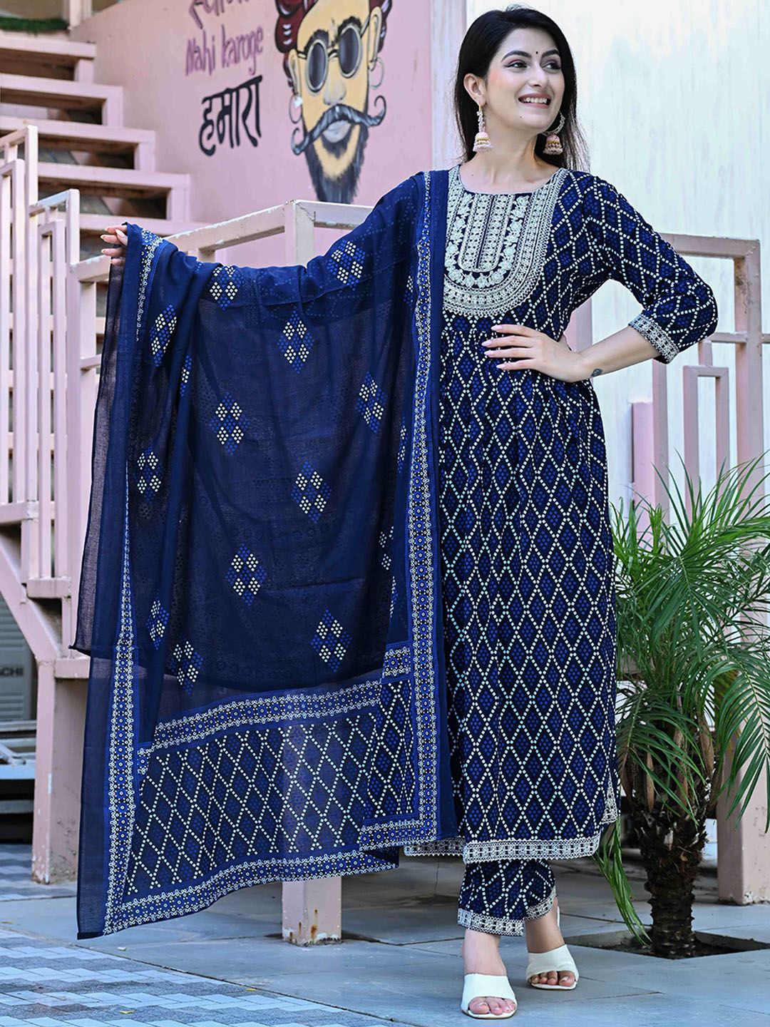 KALINI Bandhani Printed Round Neck Sequinned Anarkali Kurta With Trousers & Dupatta