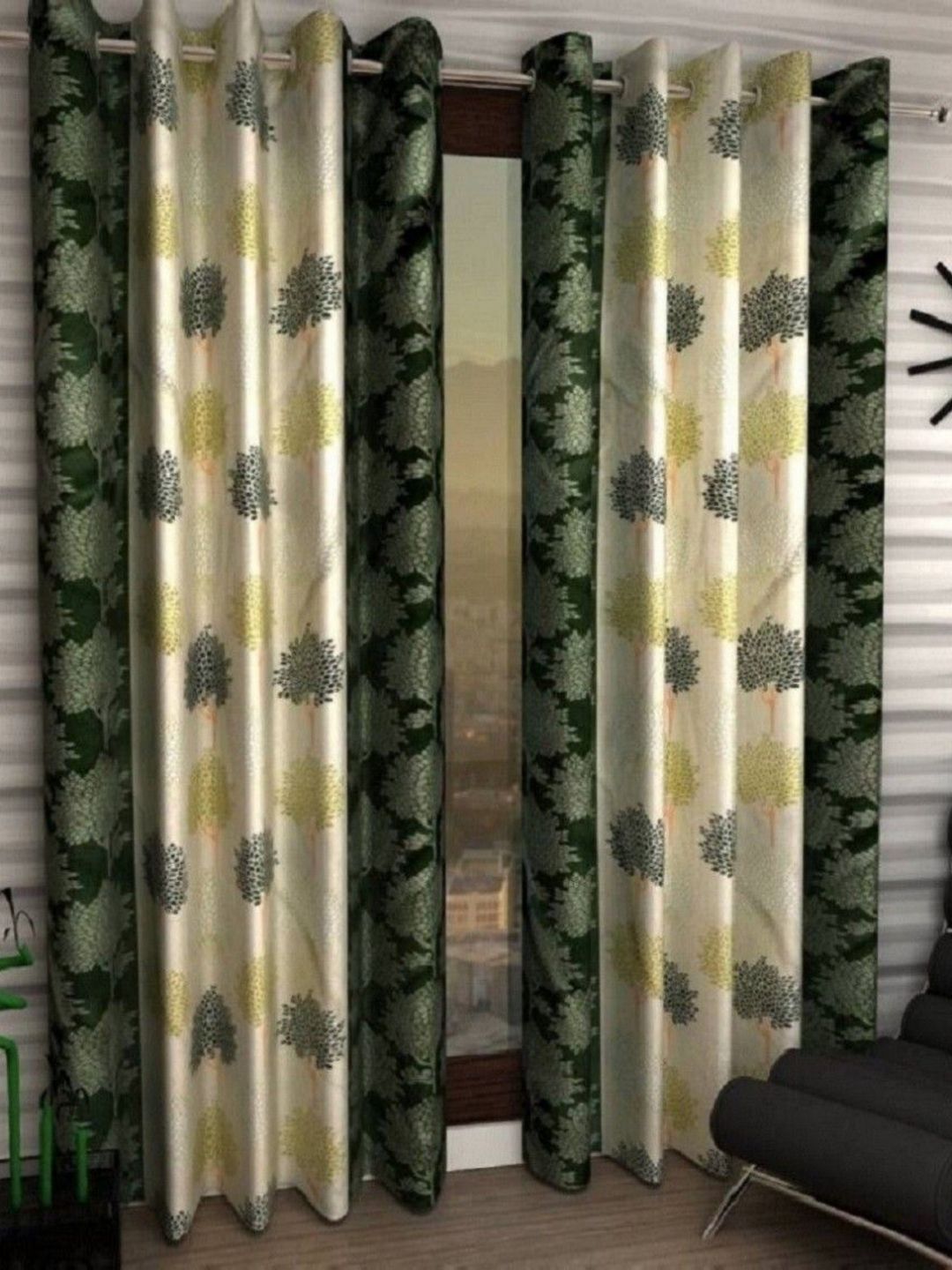 BELLA TRUE White & Green 2 Pieces Floral Black Out Door Curtains-picture-25