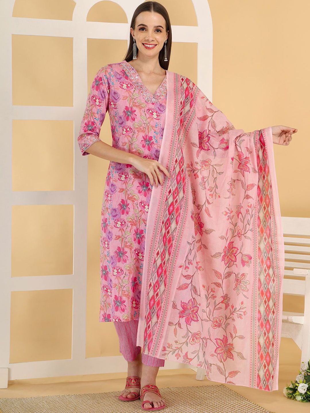 Anouk Floral Printed Thread Work Pure Cotton Straight Kurta With Trousers & Dupatta