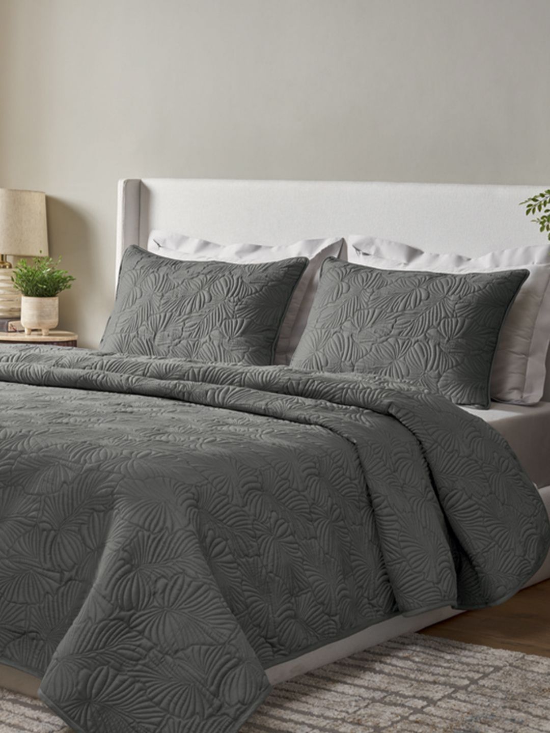 SANSAAR A DDECOR BRAND LIVE CONSCIOUSLY Grey Self Design Cotton 3 Piece Bedding Set-picture-20