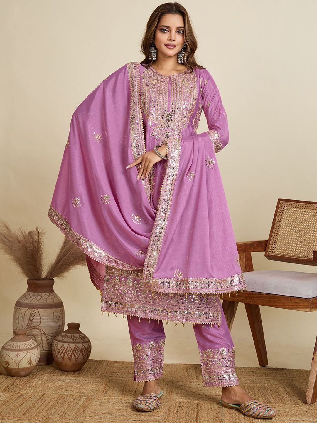 AKSHARAM Floral Embroidered Sequinned Straight Kurta With Trousers & Dupatta