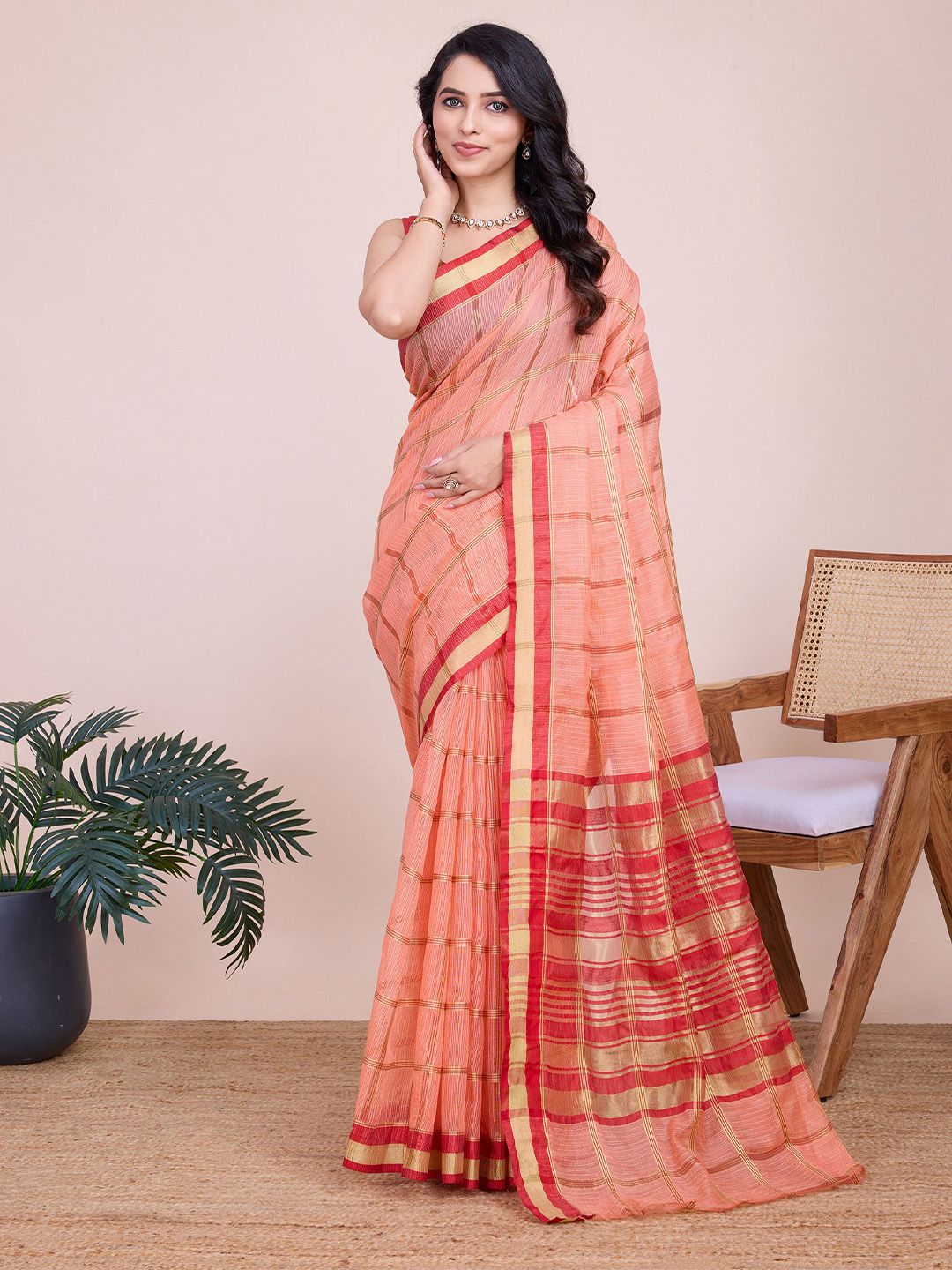 AMRUTKALA SAREES Checked Woven Design Zari Saree With Unstitched Blouse-image-9