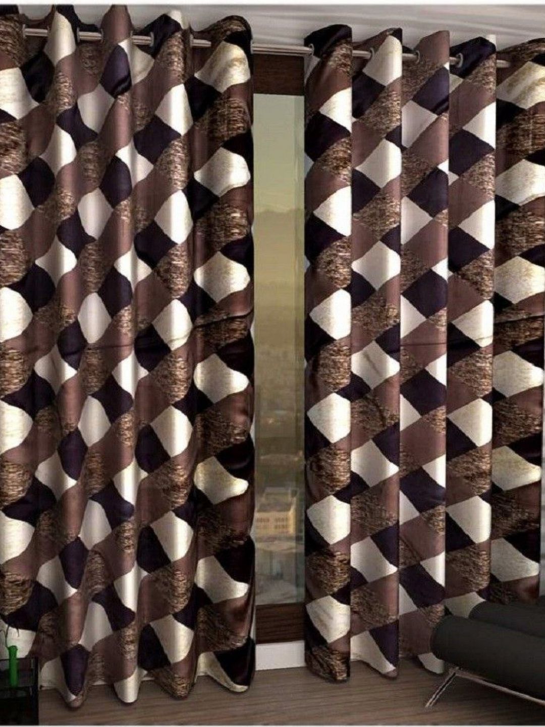 BELLA TRUE Brown & White 2 Pieces Geometric Printed Black Out Door Curtains-picture-22