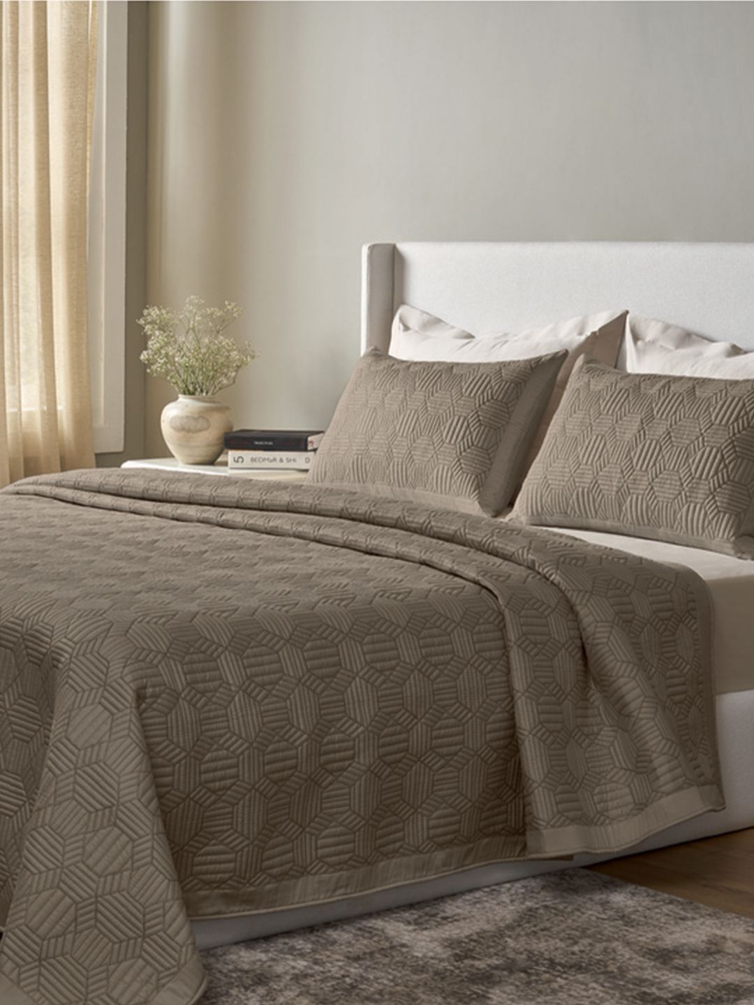 SANSAAR A DDECOR BRAND LIVE CONSCIOUSLY Brown Self Design Cotton 3 Piece Bedding Set-image-15
