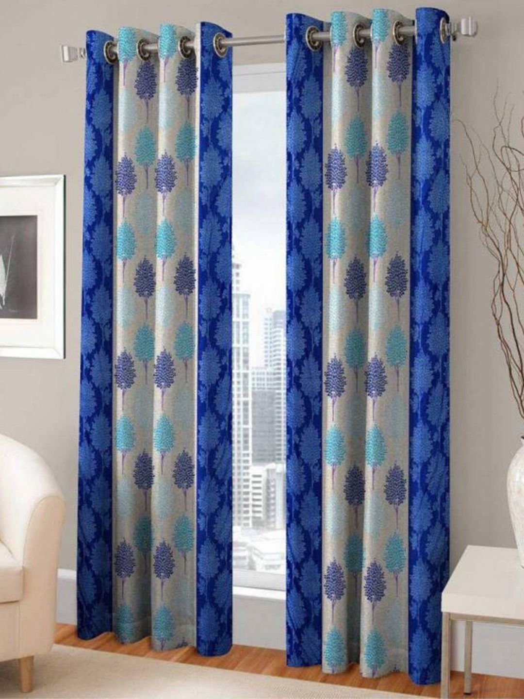 BELLA TRUE Blue & Green 2 Pieces Floral Printed Ripple Fold Long Door Curtains-picture-11