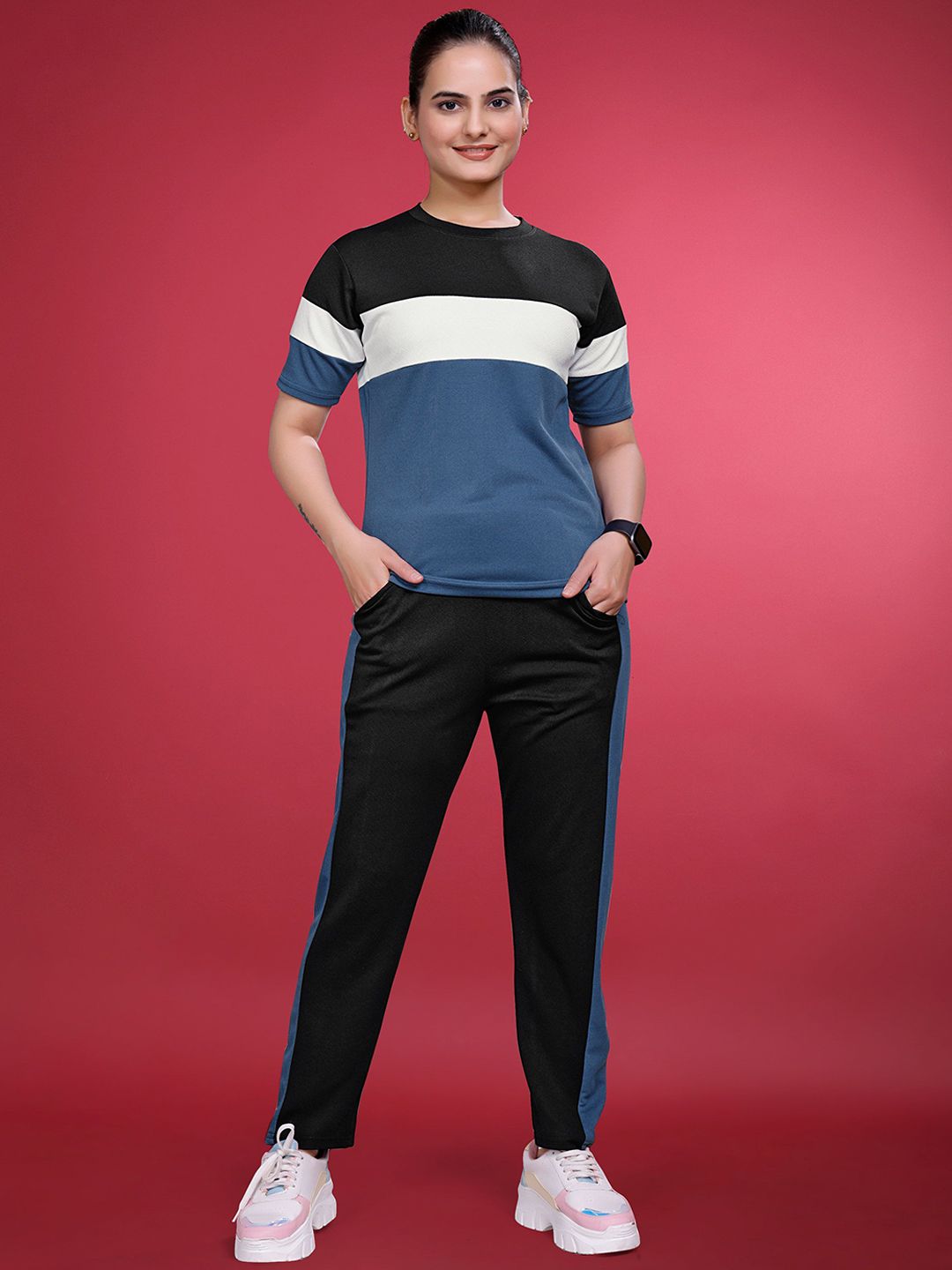 JK Creation Women Striped Round Neck T-Shirt With Trouser Co-Ords-picture-10