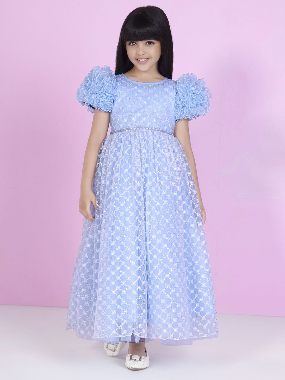 Ministitch Girls Embellished Sequined Puff Sleeve Net Fit and Flare Dress-picture-38