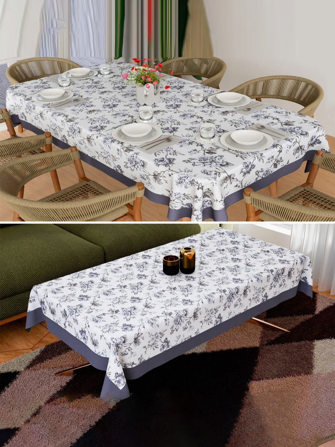 Aura Cream & Grey 2 Pieces Floral Printed Anti-Skid 8-Seater Cotton Table Cover-picture-14