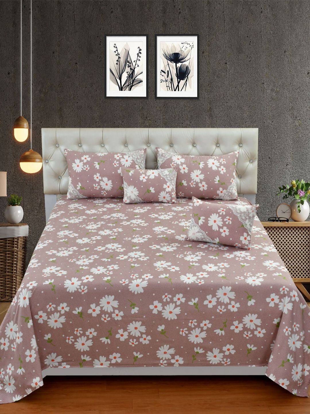 BREVARD Purple Floral Printed Polycotton 5 Piece Double Queen Superfine Bedding Set-picture-55