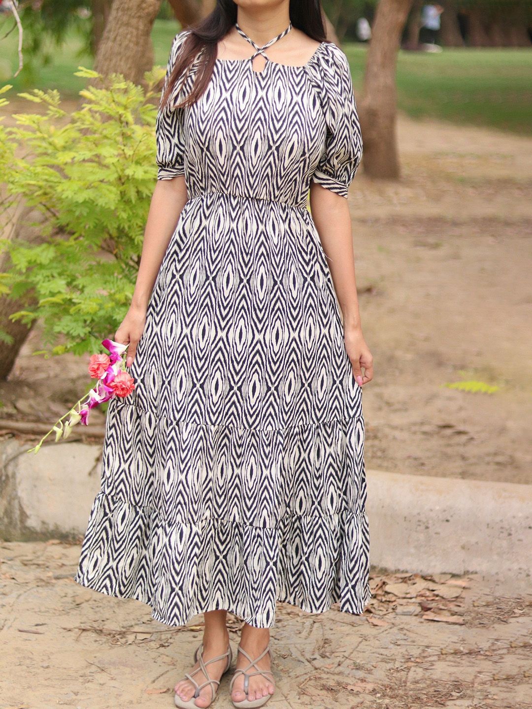 DressBerry Women Printed Halter Neck Flutter Sleeve Crepe Fit & Flare Dress-picture-24