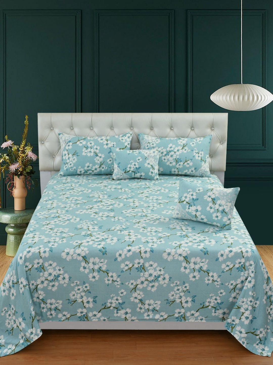 MORADO Blue & White Floral 5 Pieces Double Queen Superfine Bedding Set-picture-44