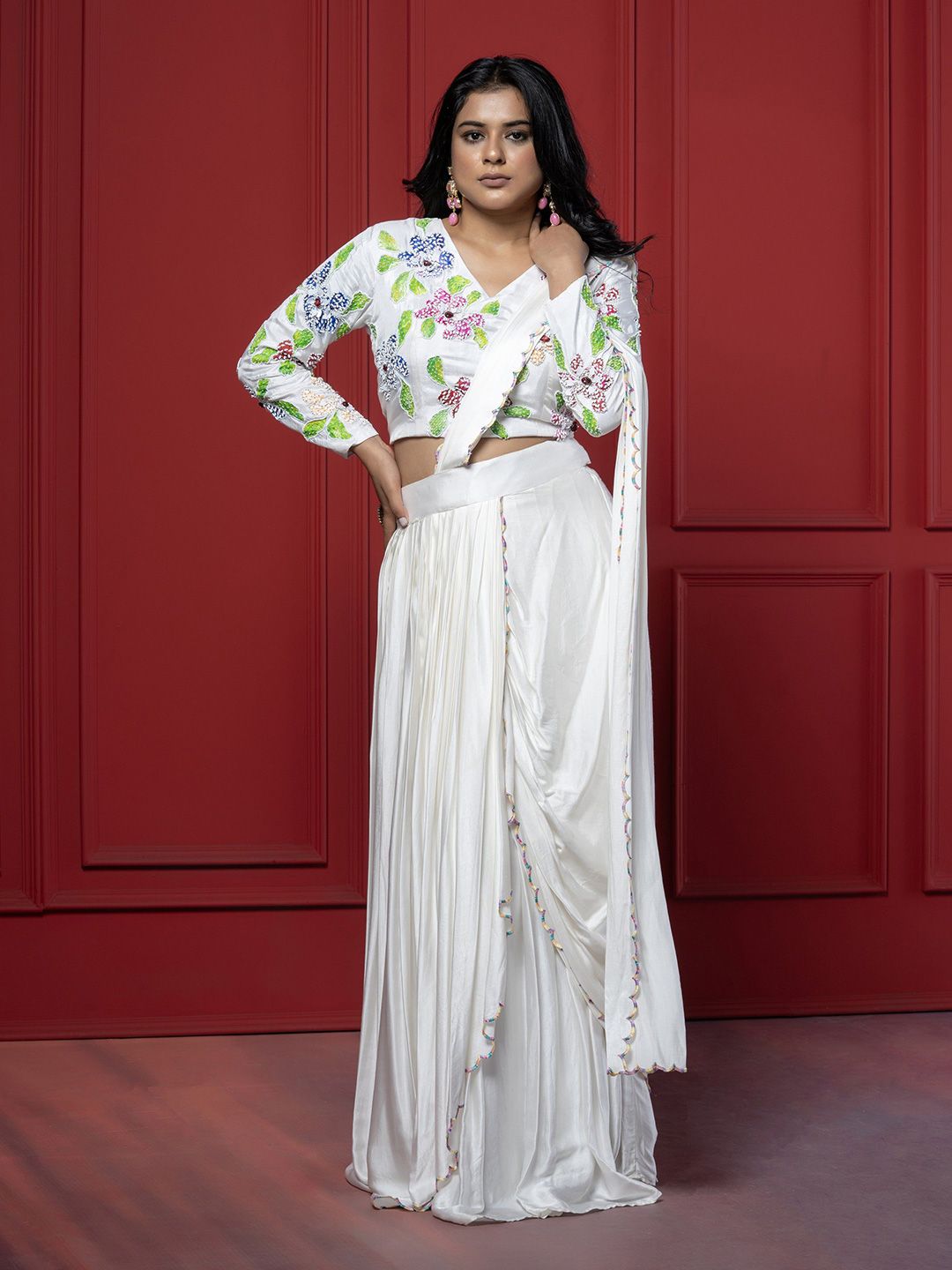 GloballyRonakRBafna Ready to Wear Saree With Embellished Hand Painted Stitched Blouse-image-27