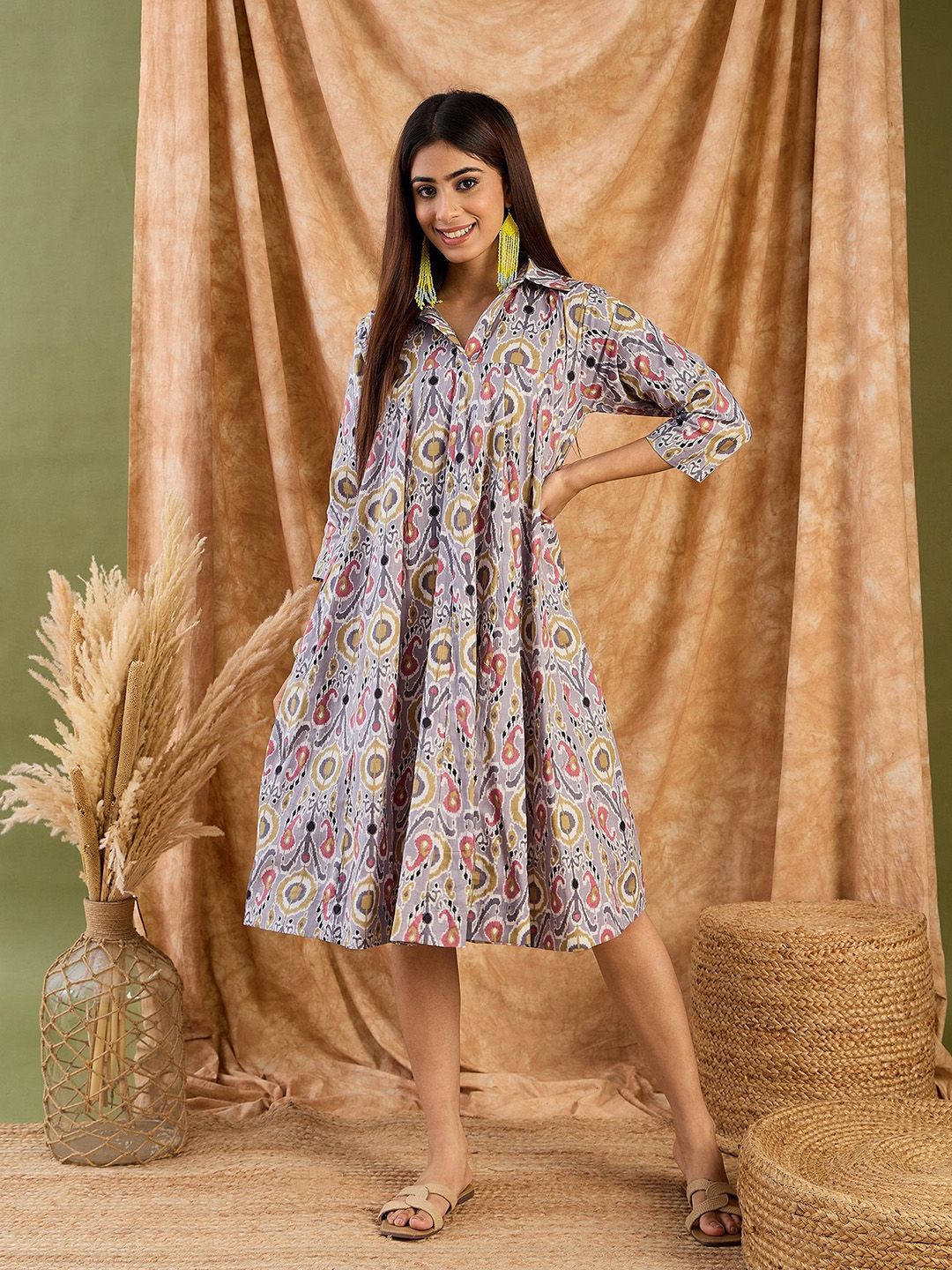 InWeave Women Floral Printed Tiered Cotton Empire Midi Dress-picture-26