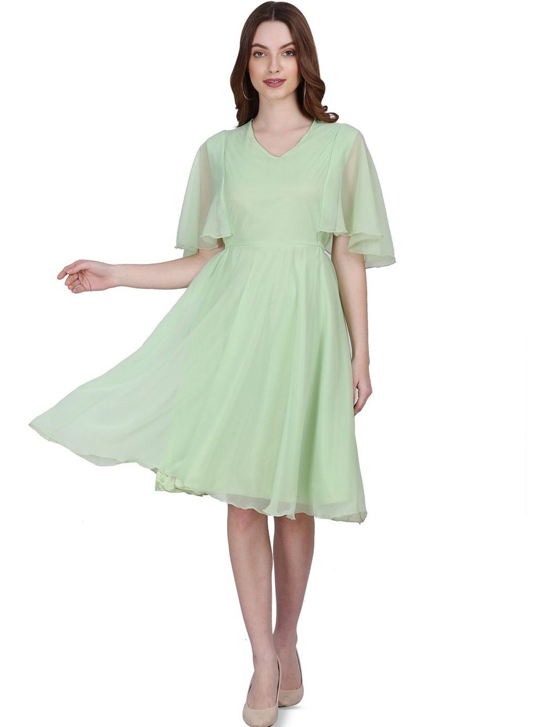 Warsian Women Georgette V-Neck Flared Sleeves Fit & Flare Dress