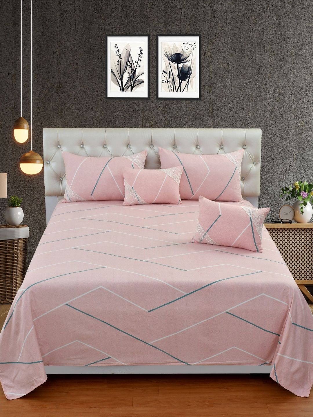 BREVARD Pink Geometric Polycotton 5 Piece Double Queen Superfine Bedding Set-image-44