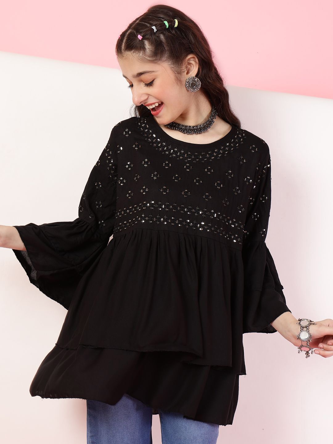 Miss & Chief Embellished Embroidered Bell Sleeve Top